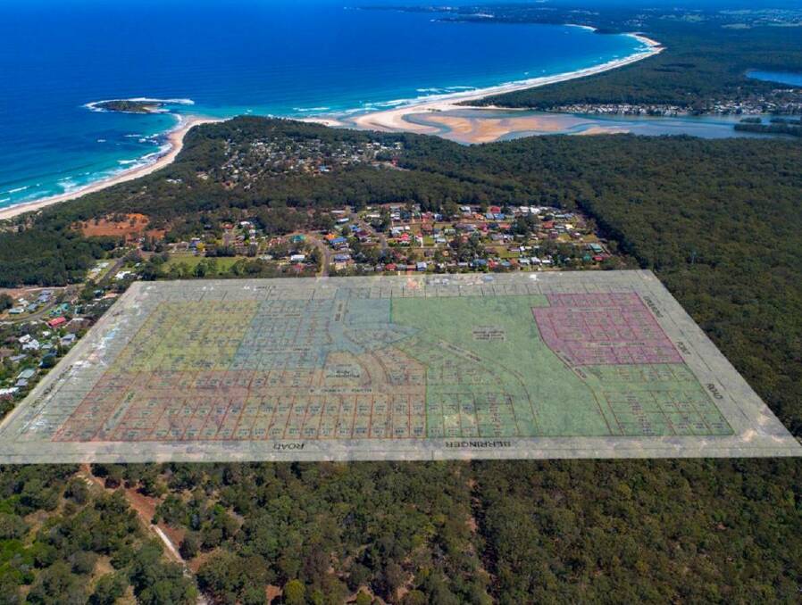 The proposed Manyana Beach Estate, superimposed on the area before the Black Summer bushfires. Picture from file.