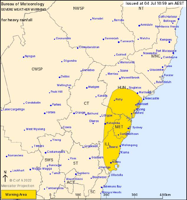 A severe weather warning for heavy rainfall is active in the northern Shoalhaven. Picture: Bureau of Meteorology.
