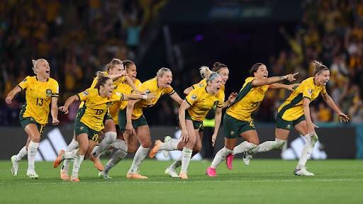 The Matildas celebrate winning the penalty shootout against France. Picture Getty Images