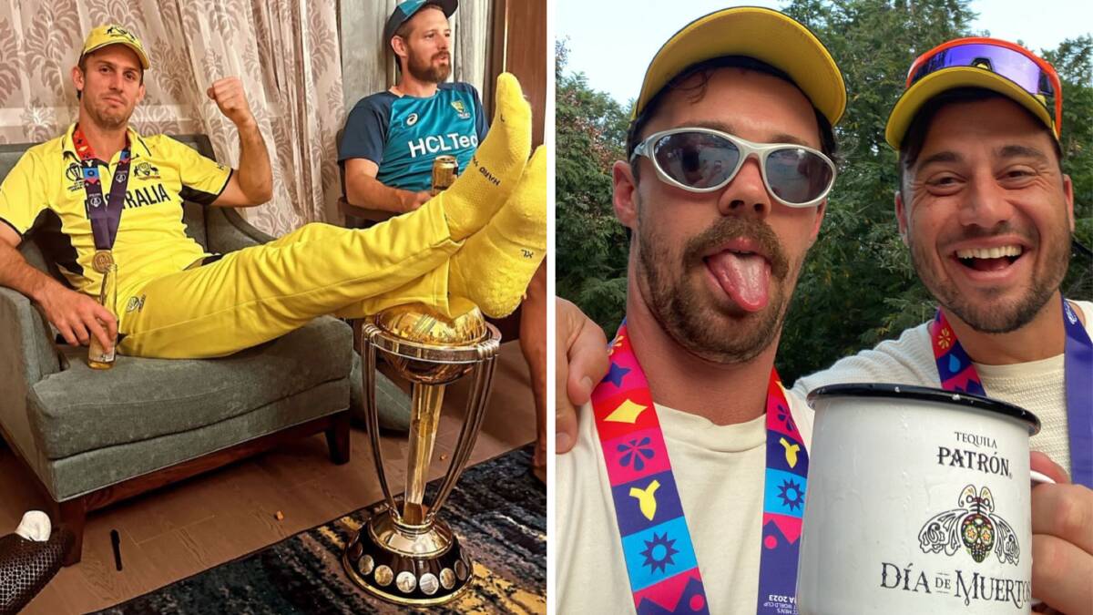 Mitch Marsh has a rest and Travis Head with Marcus Stoinis say cheers to a successful World Cup campaign. Pictures Instagram