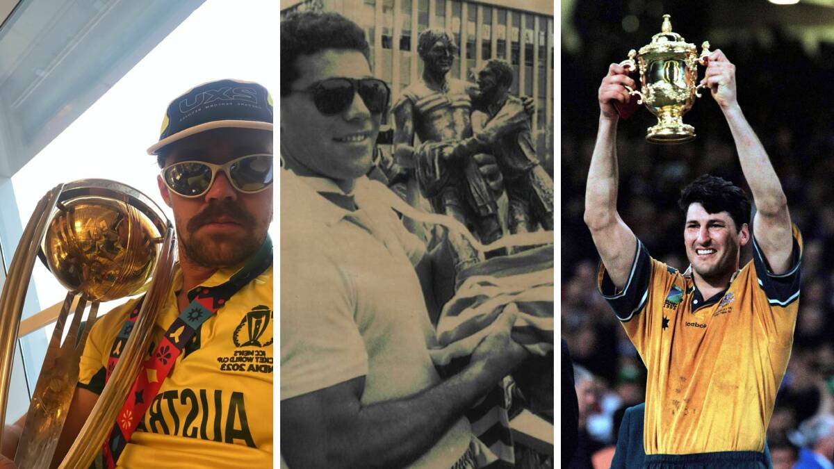 Travis Head with the Cricket World Cup, Mal Meninga after the Raiders won the 1989 grand final, and John Eales with the Rugby World Cup. Pictures Twitter, David James Bartho, Nick Wilson