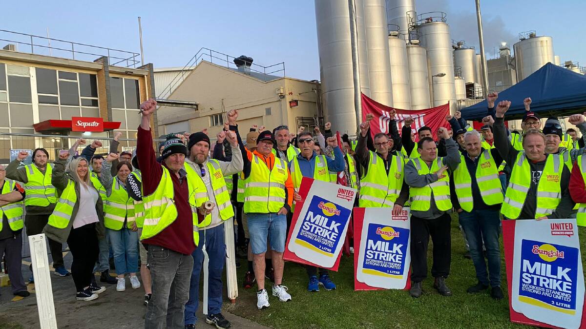 Dairy workers on strike outside Saputo, Allansford. 