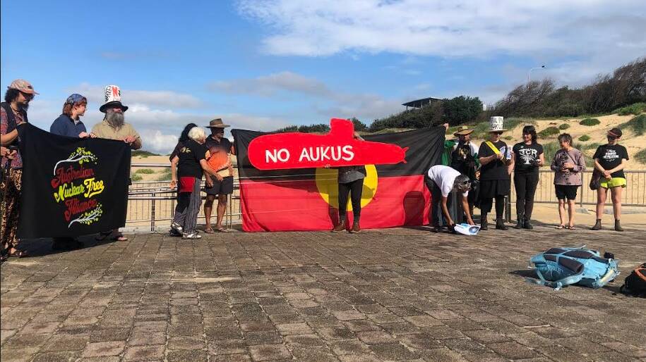A small group set off from Port Kembla on Monday, March 18, walking to Canberra to raise awareness about dangers posed by the AUKUS agreement. Picture supplied.
