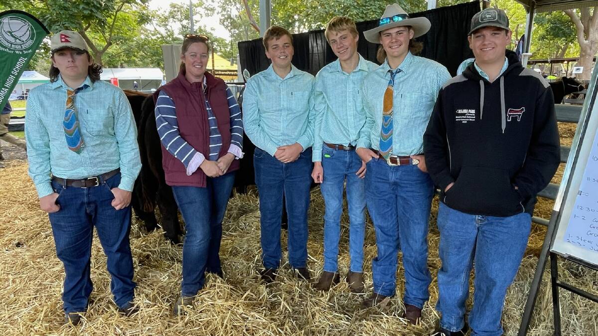 Some of the people representing Narooma High School at the School Steers Spectacular are Noah McCue, teacher Kylie Maher, Tom Simper, Harry Blessington, Zac Van Weerdenburg and Tom Dawson. Picture by Glenn Ellard.
