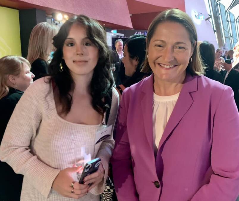Mia Harper pictured with Federal Member for Gilmore, Fiona Phillips, after presenting to Parliament as part of the Heywire Youth Ideas Summit. Picture supplied.