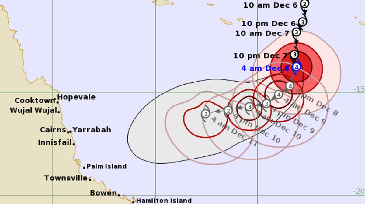 The Bureau's forecast track map for Severe Tropical Cyclone Jasper as of 4.55 am AEST on December 8. Picture by the Bureau of Meteorology