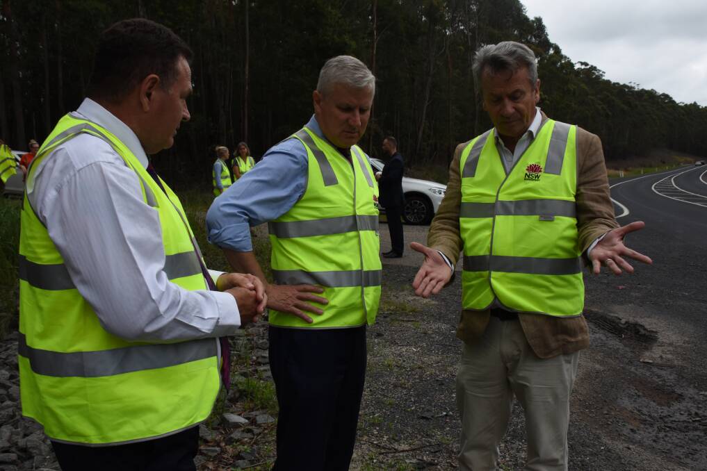 Gilmore candidate Grant Schultz, Deputy Prime Minister Michael McCormack and Milton UIladulla Times editor John Hanscombe at the scene of the Falkholt crash.  