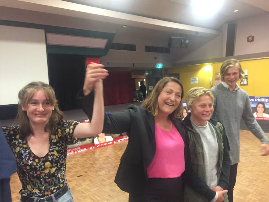 Fiona Phillips celebrates victory in the seat of Gilmore for Labor at the Bomaderry RSL on May 18.