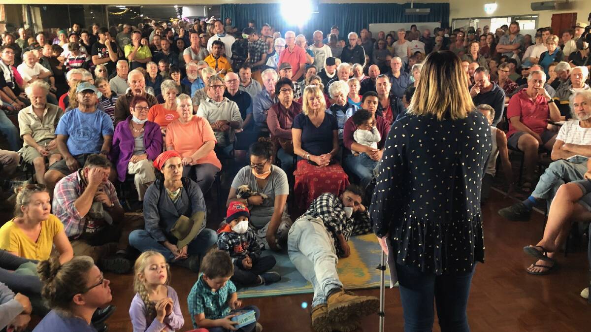 Then-mayor, now Eden-Monaro MP, Kristy McBain speaks to a crowd of around 1200 concerned bushfire evacuees at the Bermagui Country Club on January 2.