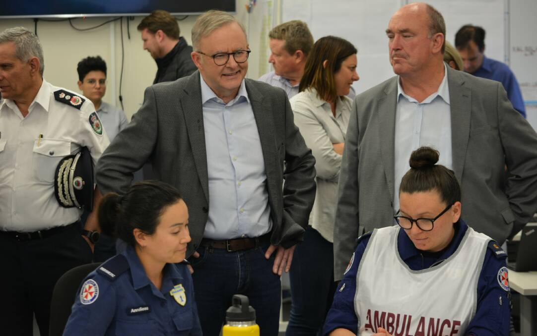 Prime Minister Anthony Albanese and Bega Valley Mayor Russell Fitzpatrick meet team members at the Bega Emergency Operations Centre, October 4 2023. Picture by Ben Smyth