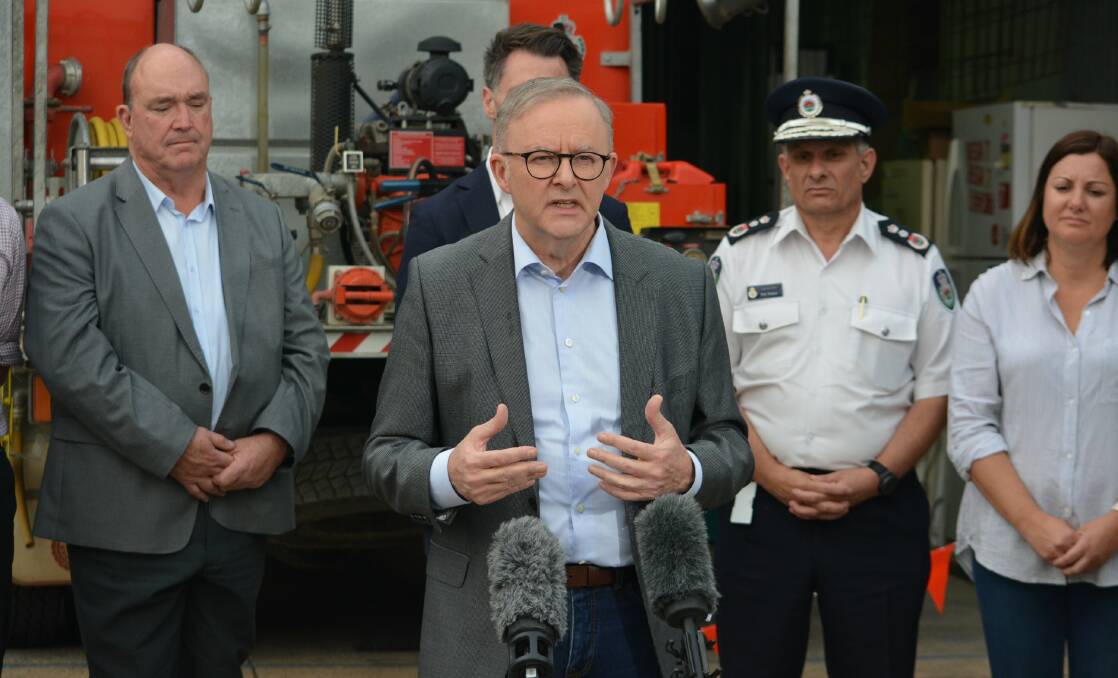 Prime Minister Anthony Albanese addresses media at the Bega Fire Control Centre, October 4 2023. Picture by Ben Smyth
