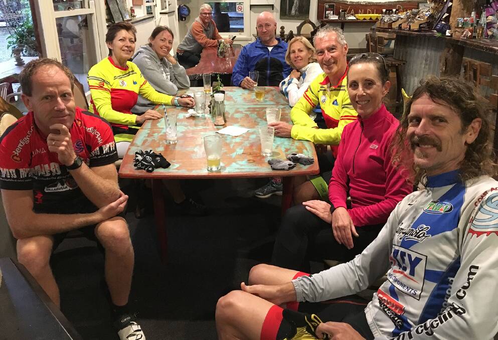 Trail riders: A number of RATS headed to Bright to test out the rail trails last weekend.  They are pictured taking a break at the Wandiligong Pub.