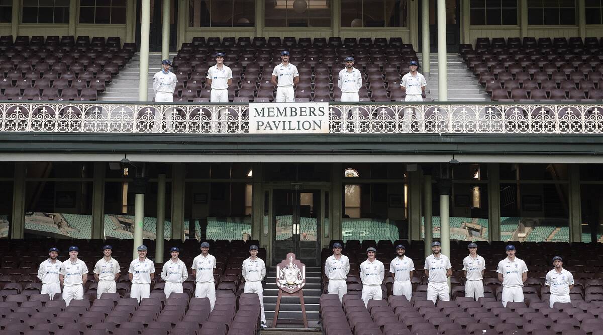 Matthew Gilkes (front row, fifth from the left) and his NSW Blues side at the SCG on Friday. Photo: Ryan Pierse