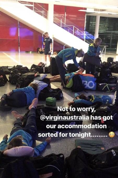 Edwina Bone's Instagram story showing the Australian hockey squads stranded in an airport. Photo: EDWINA BONE INSTAGRAM