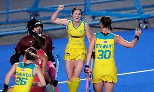 Kalindi Commerford and Grace Stewart celebrate a recent goal for the Hockeyroos. Photo: GETTY IMAGES