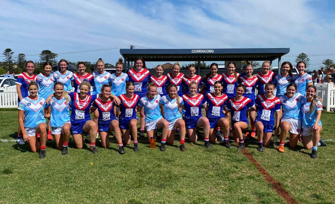 INAUGURAL CLASH: Milton-Ulladulla Bulldogs and Gerringong Lions women's league tag two players at Michael Cronin Oval on Saturday. Photo: Supplied
