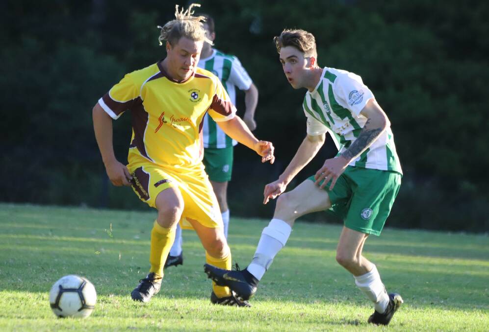 FLYING HIGH: Huskisson-Vincentia's Lachlan Ford scored one goal in his side's comprehensive 6-2 win against Manyana on Saturday at the Huskisson Sporting Field. Photo: TEAM SHOT STUDIOS