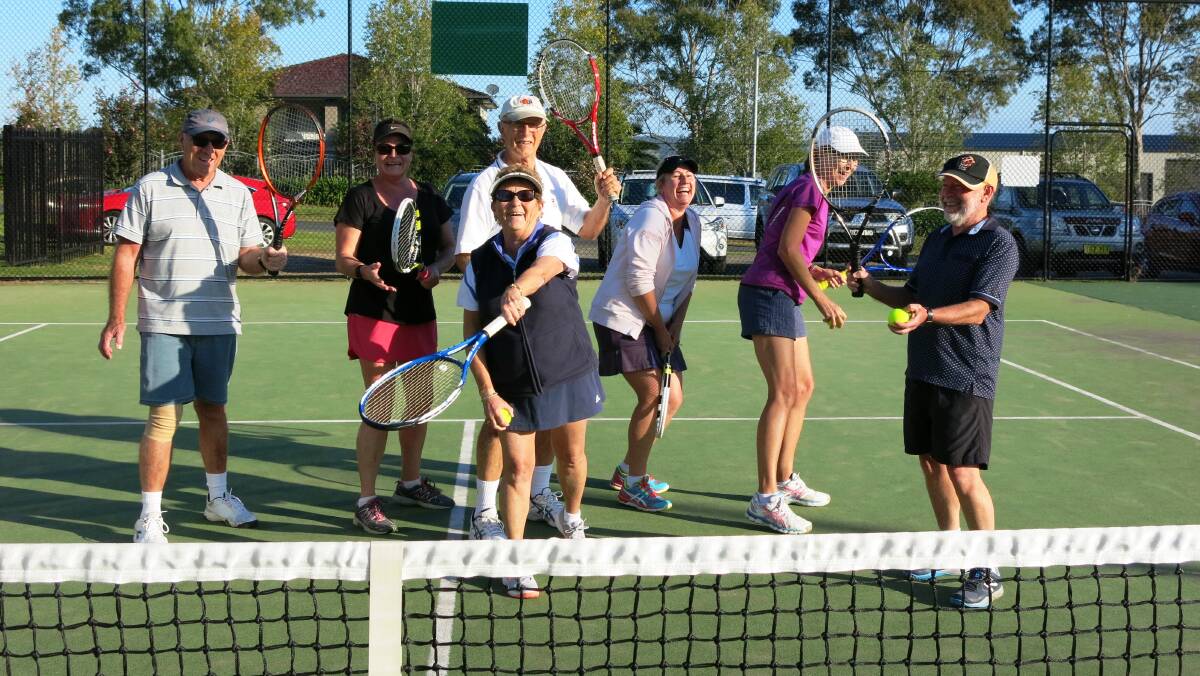 Time for tennis: Milton social players Barry, Lara, David, Pam, Lee, Deb and David warming up before their match.