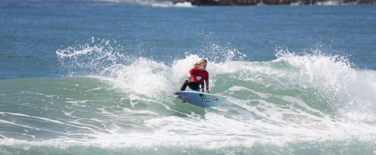 Koby Jackson surfs at a recent GromSearch event. Photo: ETHAN SMITH/SURFING NSW.