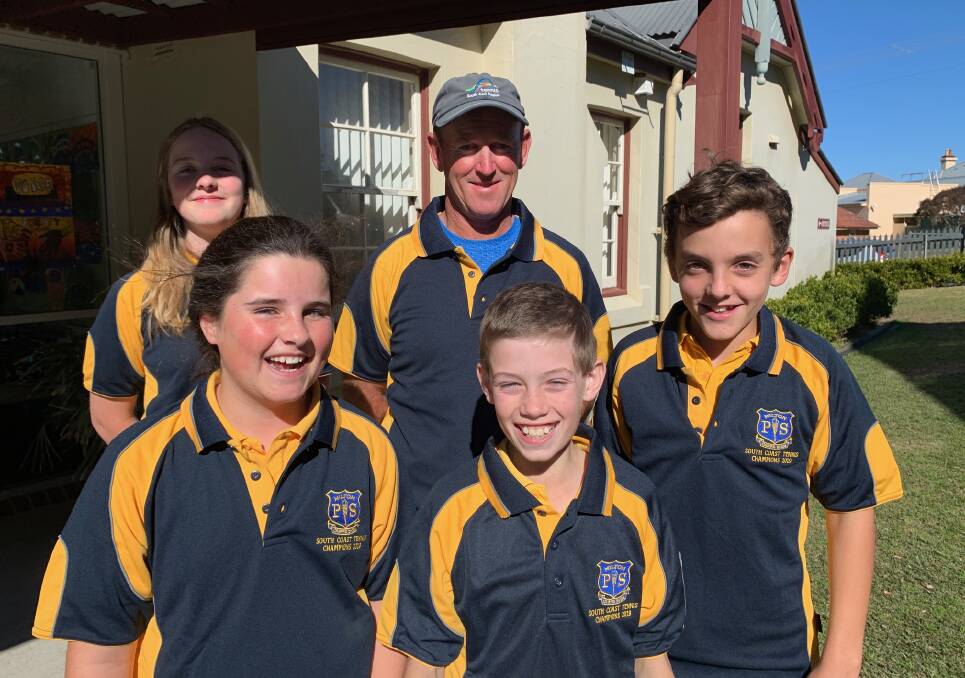 South Coast's best: PSSA players Maggie Schultz, Grace Donnelly, Kolt Pinches and Will Hartcher-Nee, before a training session with Kev.