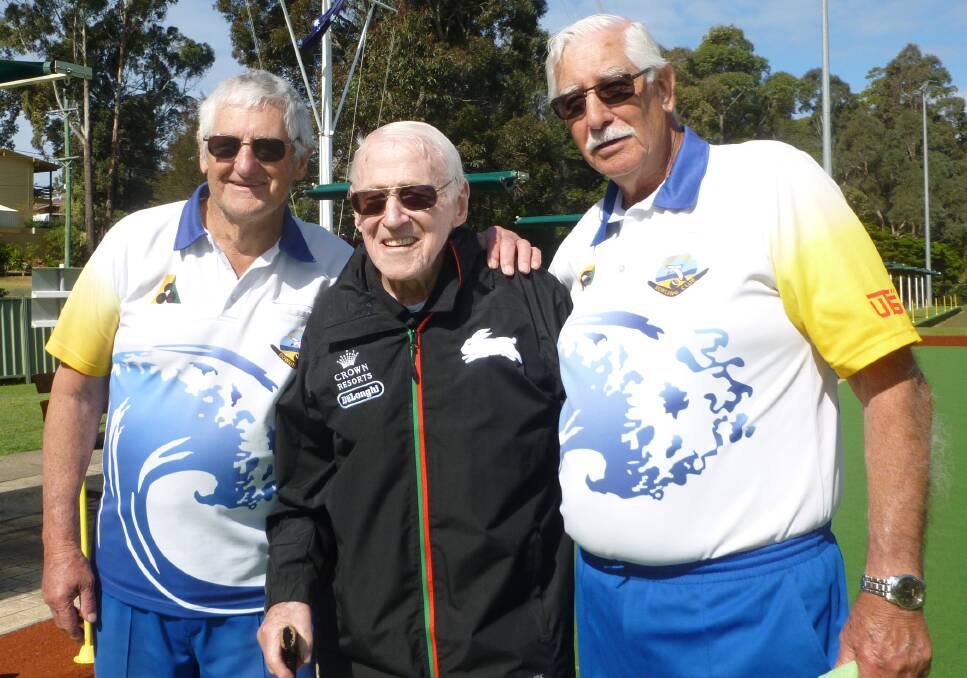 Mollymook Men's Bowls: Winner of the Barry Pannowitz Veteran Singles championship Alan Wynter with Barry and runner-up Darcy Nelson. Al won in a tie break with four consecutive touchers.