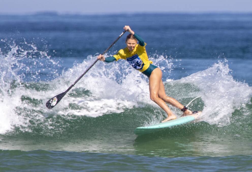 Berrara's Skyla Rayner competes at Birubi Beach. Photo: Josh Brown/Surfing NSW