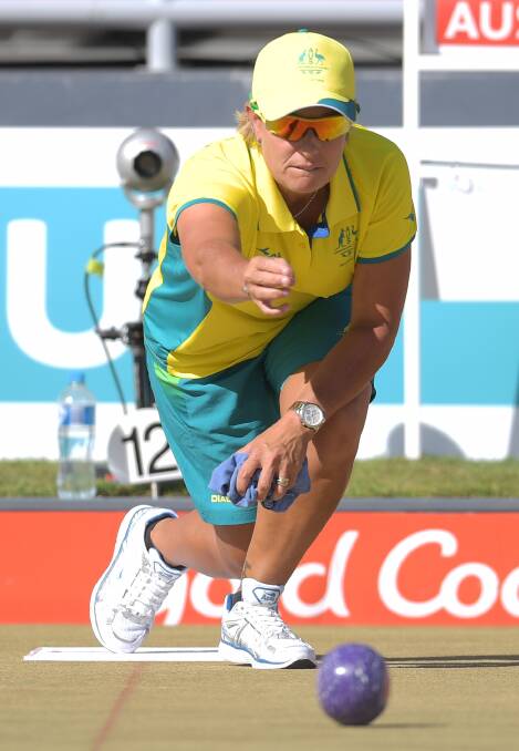 Karen Murphy bowls for Australia at the 2018 Commonwealth Games. Photo: TRACEY NEARMY