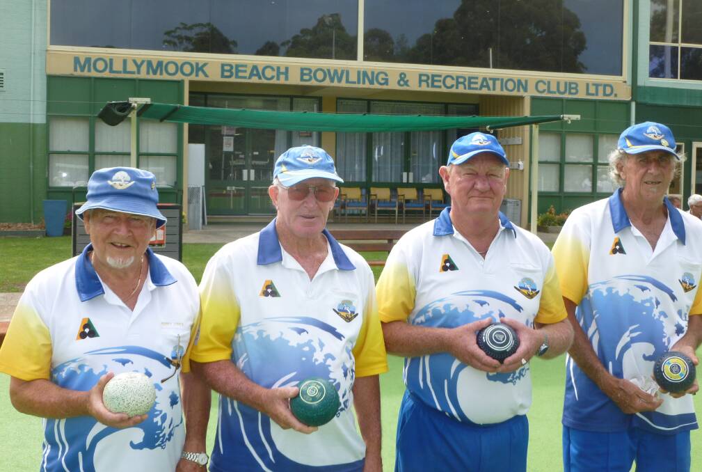 Mollymook men's bowls: Winners of the Mollymook club handicapped fours by just one shot were Kerry Jones (skip), Terry Hill, Lee Dent (sub) & lead Crusty Watson.