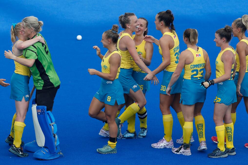 Grace Stewart, Kalindi Commerford and their Hockeyroos teammates during a previous Pro League match. Photo: Hockey Australia