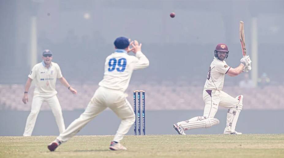 Matthew Gilkes (99) sets himself to take a catch and dismiss Michael Neser off Harry Conway. Photo: CRAIG GOLDING