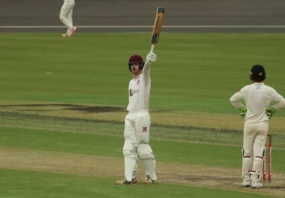 Kaleb Phillips raises the bat during Saturday's knock for St George. Photo: St George District Cricket Club