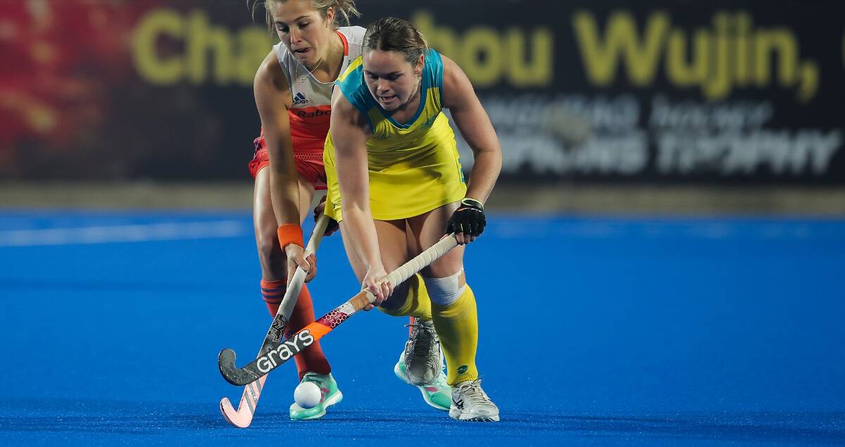 Mollymook's Kalindi Commerford controls the ball for the Hockeyroos against the Netherlands. Photo: Hockey Australia