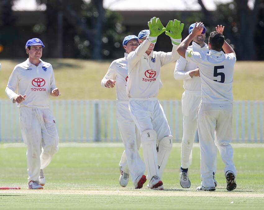 Tom Engelbrecht (left) and his ACT/NSW Country side celebrate a wicket. Photo: ADAM McLEAN