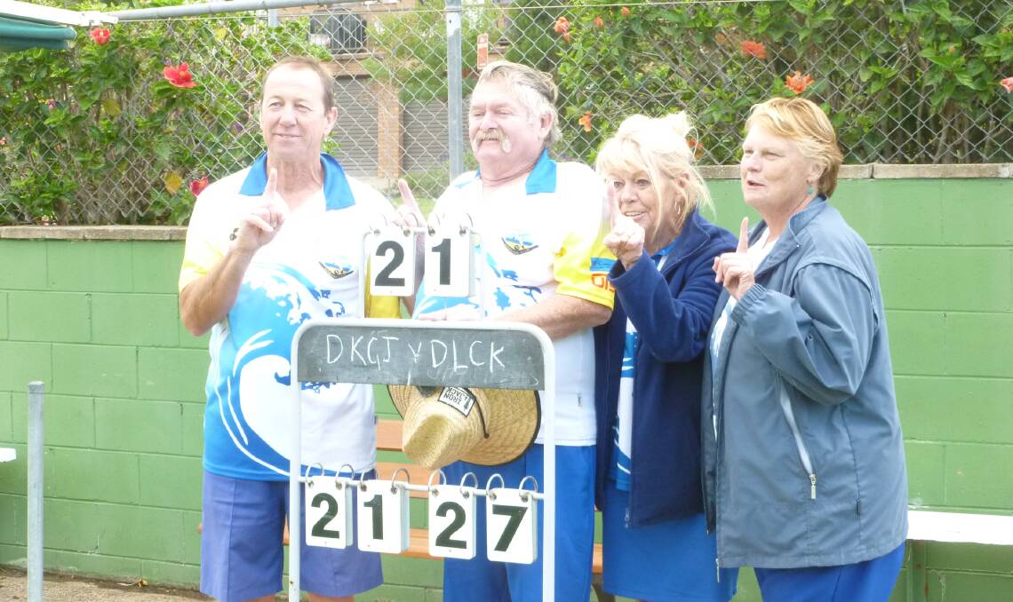 Winners of the Mollymook Mixed Fours championship for 2019, skip Dave Henry, Chris and Kerrie Machon and lead Lyn Dobel.