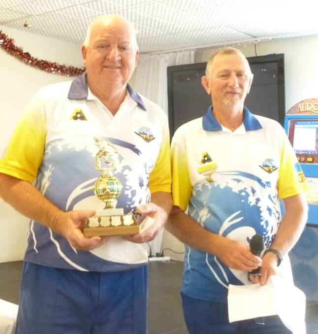 Mollymook Men's Bowls: 2019 Club Champion Gary McGuire with President Brian Thurecht after Gary's teams won five club championship events.