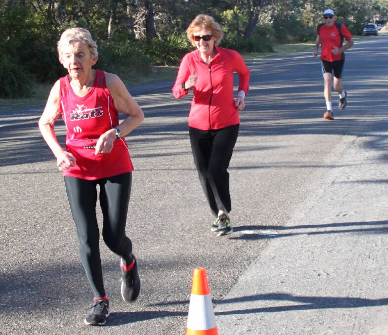 Age no barrier: Heading for the finish line at the Maxwell Mile the previous weekend are our Supervets (from left) Barbara Maxwell, Lynn Tague and Don Miller.