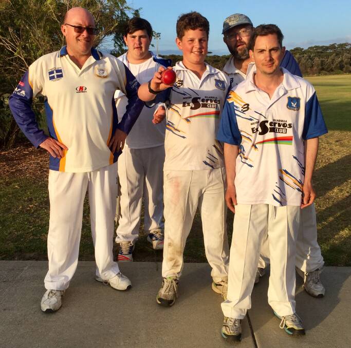 Winners: Ulladulla United's Darren Smith, Hayden Jones, Ryan Geerlings, Andrew Robertson and Rob Stewart. Geerlings scored 24 runs, took a catch and a first ever 5-for in an innings. Picture: Debbie Short