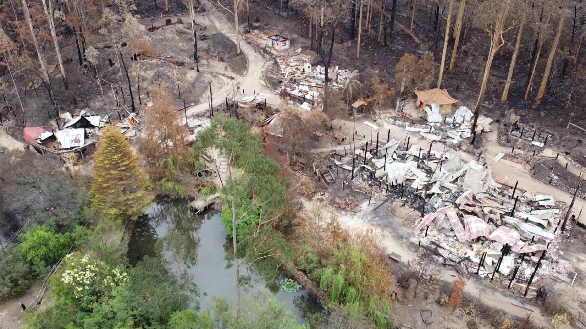 An aerial shot of the destruction from the bushfires that ravaged Mogo on New Year's Eve 2019/20. 