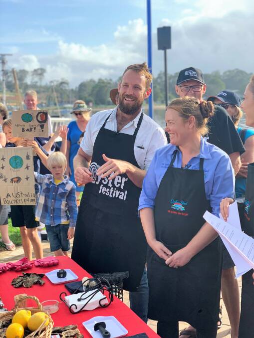 Narooma Oyster Festival Ambassador Paul West and Clyde River oyster farmer Jade Norris of the Wray Street Oyster Shed, extol the qualities of Rock Oysters grown on NSW's south coast to the Today Show co-host Allison Langdon.