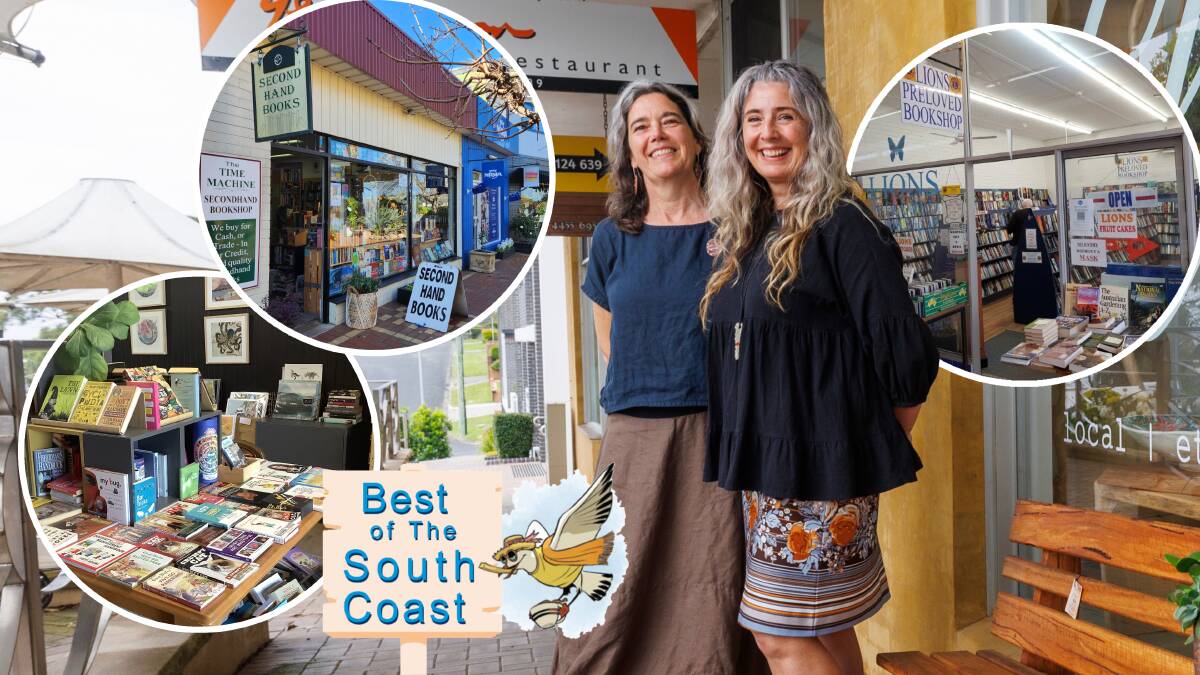 Slow co-owners Kim Goodworth and Julia Collinson and, insets, some of the book shops at the coast. Pictures by Keegan Carroll, supplied