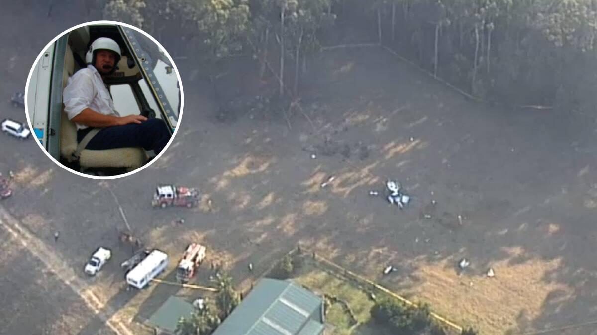 The crash scene at Woodstock, near Ulladulla, on Friday which killed pilot Allan Tull (inset). Screen grab: ABC TV
