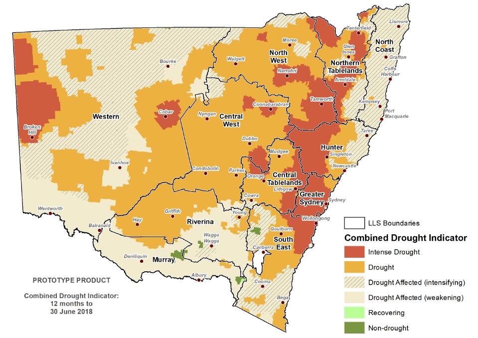 DROUGHT: Department of Primary Industries' NSW Combined Drought Indicator to 30 June 2018. Photo: DPI. 