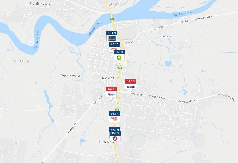 Petrol prices across Nowra on Thursday, October 18. 