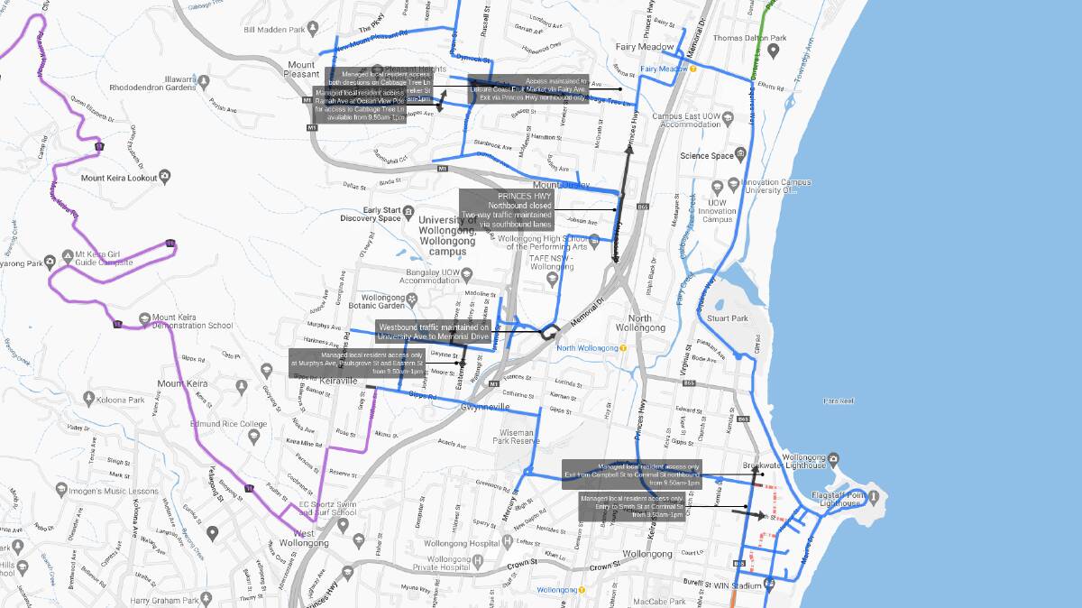 New details: One of the daily road closure maps now published on the Wollongong 2022 website.