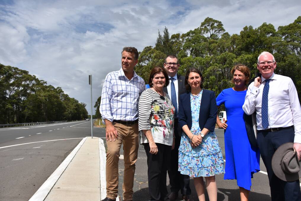 NSW Roads Minister Melinda Pavey, Kiama MP Gareth Ward, South Coast MP Shelley Hancock, Transport Minister and Bega MP Andrew Constance, Premier Gladys Berejiklian and Shoalhaven Assistant Deputy Mayor Mitchell Pakes at the Princes Highway in Tomerong on Wednesday. Picture: Rebecca Fist