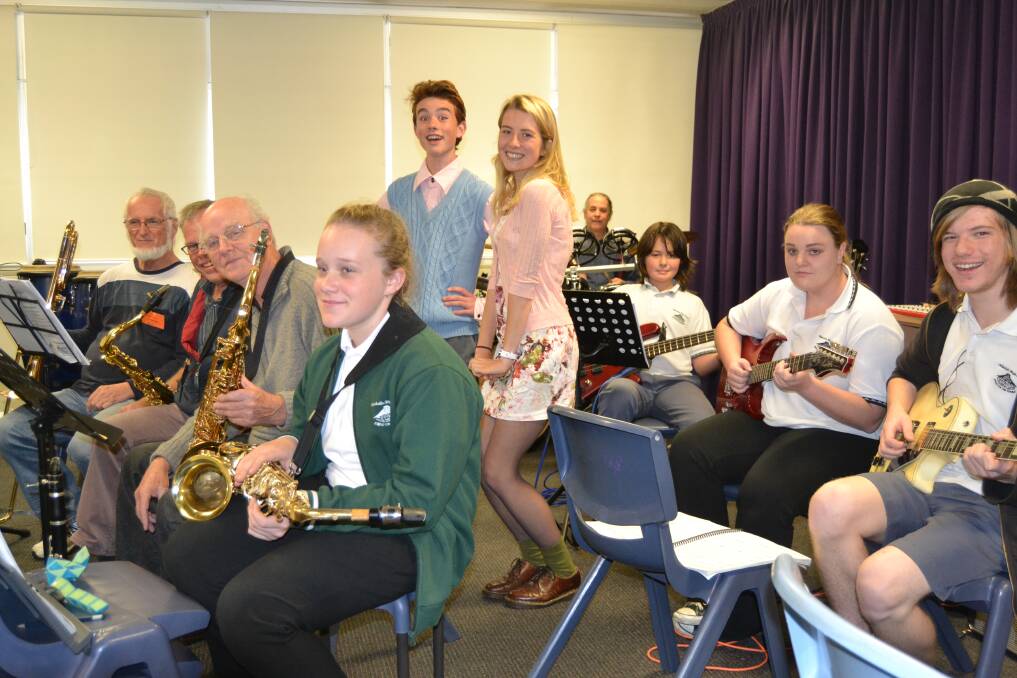 The band rehearsing for the Little Shop of Horrors, the 2015 Ulladulla High School musical including front row band, Abbey Robinson, Hardy Hansen, David Miles and Vern Flay, Jacob Woods and Isobel Rabbidge in costume, and back row band, Simon Grace on drums, Caleb Osborne, Casey Edwards and Leon Holstegge.