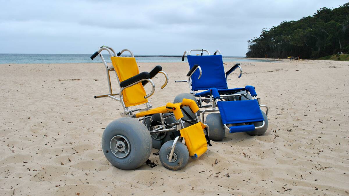 Beach wheelchairs are available at Mollymook Beach Surf Lifesaving Club and Lake Tabourie Holiday Haven Park.