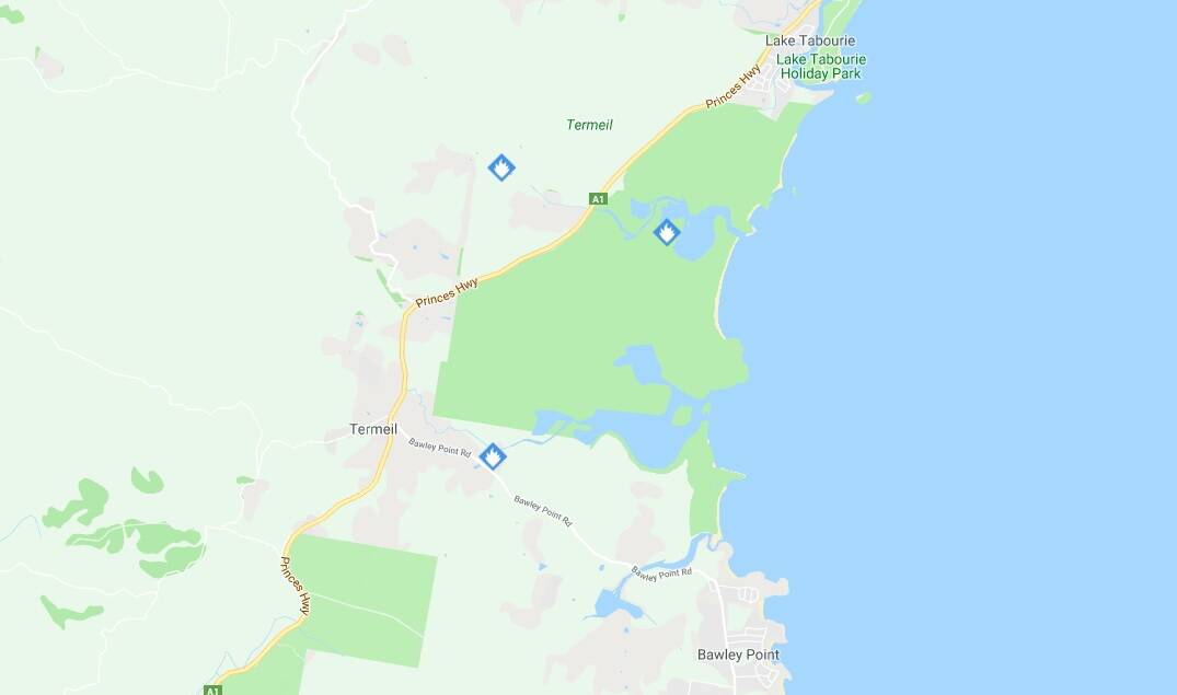 Firefighters are responding to three fires in the southern Shoalhaven. Photo: Fires Near Me. 