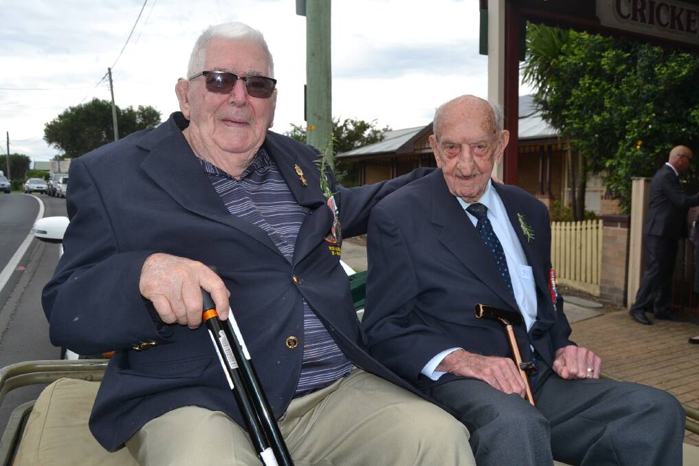 IMPORTANT DAY: Veterans Mick Timmings and Billy Dodson took part in the Milton Anzac Day March, which travels along the Princes Highway, in 2017. Photo: Emily Barton. 