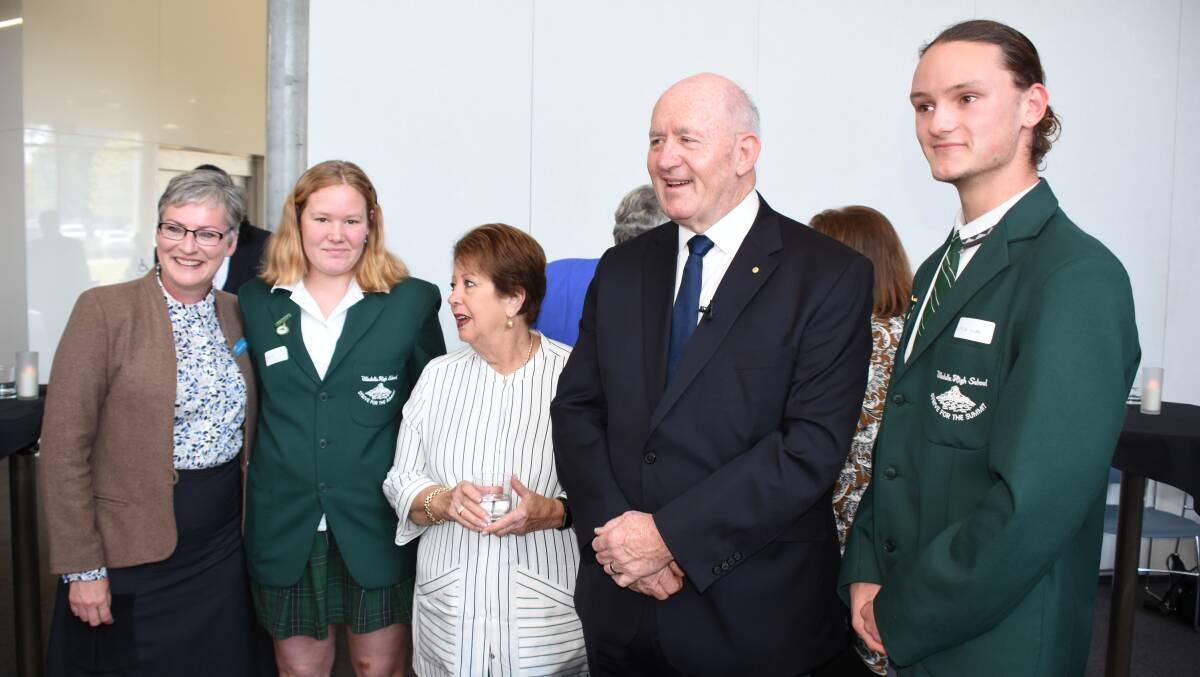 Shoalhaven Mayor Amanda Findley, Lady Cosgrove and Governor General Sir Peter Cosgrove with Ulladulla students Takesa Frank and Jacob Webb.